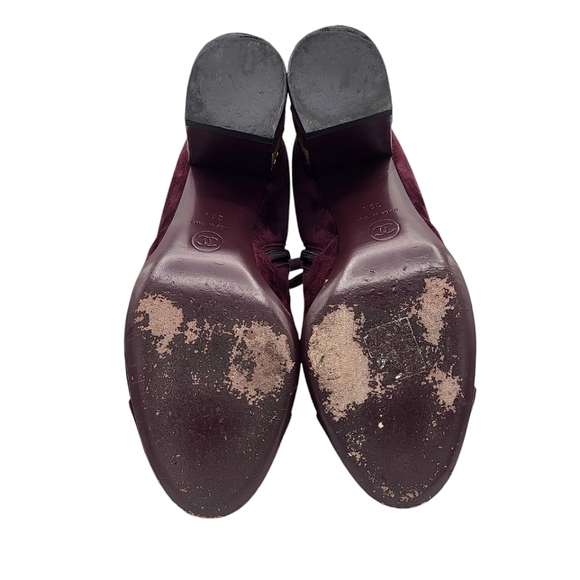 CHANEL CC Logo Cap Toe Suede Boots Double Stack Chain Burgundy 36.5 G36655 - Picture 13 of 16